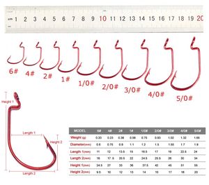 50 sztuk / partia Fishing Soft Worm Red Color Hooks High Carbon Steel Szeroki Super Lock Lure Softjerk Fishhook 6 # -5 / 0 Sprzęt wędkarski