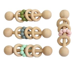 INS Baby Teethers Teething Natural Wooden Ring Teethers Infant Fingers Exercise Toys Silicon Beaded Soother Baby Toy