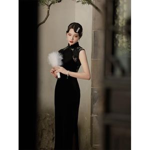 Odzież Etniczna Romantyczna Gothic Lace Velvet Estetyczne Suknie Vintage Kobiety Czarny Bodycon Dress Sexy Evening Wedź Cheongsam