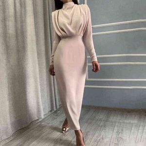 New Fashion Solid Party Dress Women Elegant Stand Collar Pleated Slim Long Dresses Lady 2021 Autumn Spring Casual Commute Dress Y1212