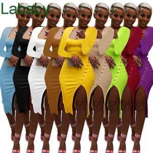 Mulheres vestido desenhista slim sexy bodycon split vestidos quadrados colar cor sólida manga longa maxi saia clubwear roupas plus tamanho 9 cores