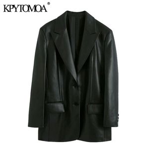 KPYTOMOA Frauen Mode Faux Leder Lose Blazer Mantel Vintage Langarm Taschen Zurück Vents Weibliche Oberbekleidung Chic Tops 210930