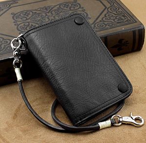 Genuine Leather Clutch Wallet CooL Biker Men's Vintage Organizer Purse with chain Black