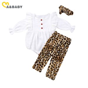 0-24M born Infant Baby Girls Clothes Set Ruffles White Romper Tops Leopard Pants Outfits Cute Autumn Costumes 210515