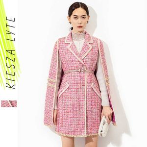 Runway moda rosa capa tweed casaco escritório senhora vintage midi bat-sleeve capa jakcet outono inverno mulheres roupas de roupa 210608