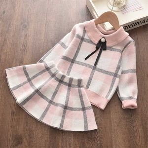 Keelorn Girls Clothing Sets Autumn Simple Sweater Top with Lace Cute Skirt 2pcs Fashion Kid Costumes 2-6 Y Suit 211224