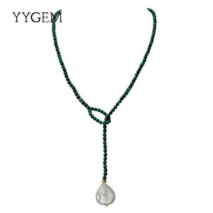YYGEM 25'' Natural Cultured White Keshi Pearl Green Malachite Lariat sweater chain Necklace for women