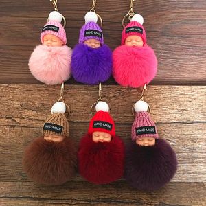 Cute Sleeping Baby Doll tool Keychain Pompom Rabbit Fur Ball Carabiner Keyy Chain Keyring Women Kids Key Holder Bag Pendant Ring Gift