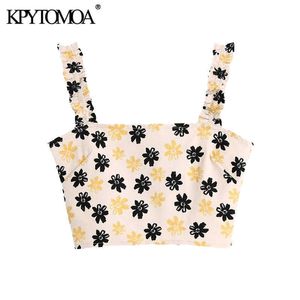 kpytomoa女性のファッション花柄プリントクロップドタンクトップビンテージバック弾性ワイドストラップ女性キャミスMujer 210616