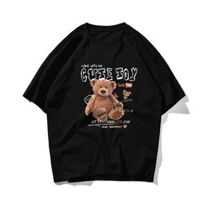 Plush björn hip hop oversize t-shirt män streetwear graffiti hajuku t-shirt halv ärm bomull lös hiphop t-shirt par 210603