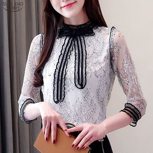 Tops Blusas Mujer 19 Casual Embroidery Lace Short Sleeve Women Chiffon Blouse OL Slim Floral Bow Female Shirt 5423 50 210417