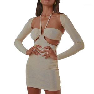 Casual Dresses Spring Fall Women Sexy Two-piece Clothes Set Solid Color Halter Neck Sleeveless Dress And Long Sleeve Bolero Black/ Beige