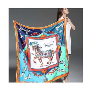 Twill Silk Women Scarf Luxury Brand Europe Design Foulard 130*130cm French Horse Print Square Scarves Fashion Shawls Wraps 211227