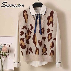 Primavera outono moda leopardo malha solta camisola colete mulheres sem mangas colete feminino malhas pulôver 210421