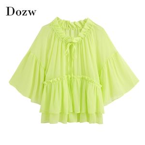 Kvinnor Ruffled Se genom blusar Fashion Bow Tie Flare Sleeve Chiffon Blus Solid Söt Transparent Tröja Dam Toppar 210515