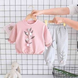 Uzun Kollu Güz Kış Bebek Kız Spor Kıyafet Güzel Çiçekler T-Shirt Ve Pantolon Giyim Seti Pom Toddler Giysileri Set 210529
