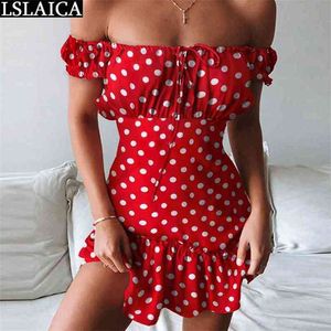 Sexy dress women Dot print red off the shoulder elegant wild summer short female backless evening party club ladies 210515