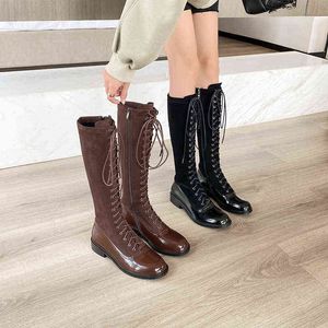 2021 autumn and winter new high-tube knight boots female flat-bottomed British style fashion casual lace-up Martin boots