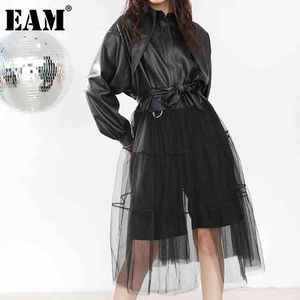 [EAM] Loose Fit Black Mesh Big Size Long Pu Leather Jacket Lapel Long Sleeve Women Coat Fashion Spring Autumn PB2790 21512