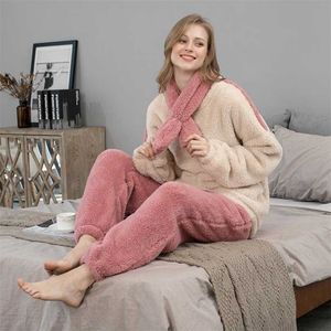 Fleece Pajama Set Women's Solid Long Sleeve Winter Terry Ladies Pijama Suit 2 Pcs with Pants Thick Warm Home Clothes Female 211215