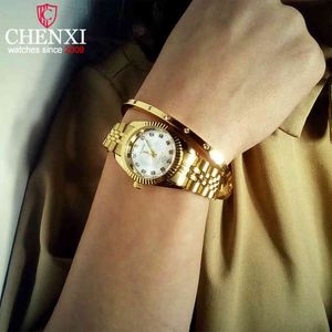 Chenxiの高級女性は女性のためのレディースファッションクォーツ時計のための女性黄金のステンレス鋼の腕時計カジュアルな女性の時計xfcs q0524