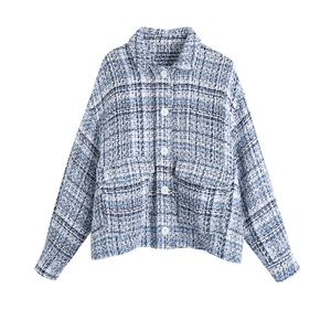 Women Fashion With Pocket Tweed Jacket Coat Vintage Long Sleeve Button-up Female Outerwear Chic Overshirt 210430