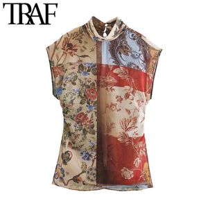 TRAF женская мода полупрозрачная пэчворк печать блузки старинные высокие шеи задняя молния сторона вентиляционные вентиляционные рубашки шикарные вершины 210415