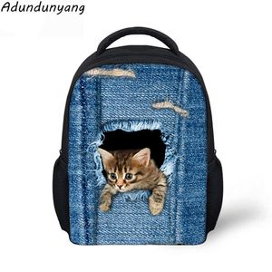 Blue denim printed canvas bag children's school bag 3D animal cat dog backpack women and men'backpack X0529