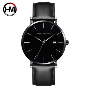 Genuine Leather Strap With Business Calendar Japan Quartz Movement Full Black Men's Watches Waterproof Wrist Watches For Men 210527