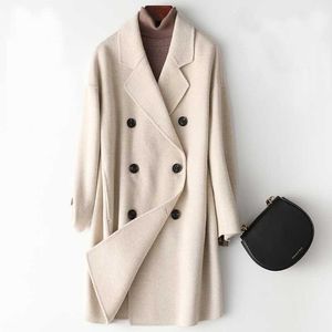 Kvinnor Woolen Coat Elegant Slå ner Collar Woolen Coat Drouble Button Design Höst Warm Coat Casaco Feminino 210930