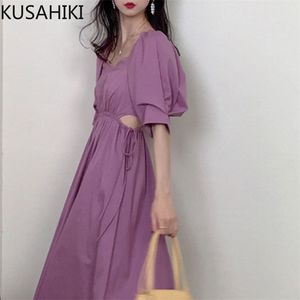 Korean Drawstring Hollow-out Slim Waist Woman Dress Puff Sleeve Square Collar Causal Elegant Vestido 6H740 210603