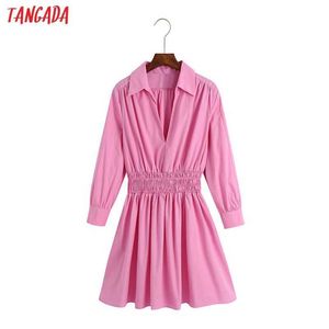 Tangada Fransk stil Kvinnor Rosa bomullskjorta Klänning Långärmad Kvinnor Mini Klänningar Vestidos 6Z93 210609