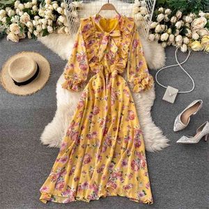 summer foral print maxi dress women boho nine points sleeve bowtie pleated ruffles beach holiday chiffon long 210603