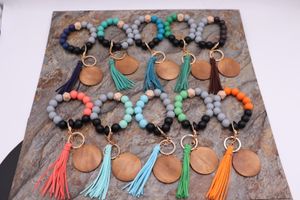 Foreign trade beaded mixed color wooden bead keychain fashion personality disc tassel bracelet key ring wholesale multicolor optional