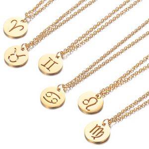 Gold Zodiac Sign Twelve Constell Coin Pendant Necklace Stainless Steel Necklaces Women Fashion Jewelry Will and Sandy Libra Leo Pisces Virgo