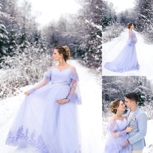 Light Purple Tulle Sleepwear Maternity Dresses Long Sleeve Off Shoulder Lace Appliques Custom Made Robes For Photography