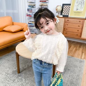 Korean style fashion lace mesh patchwork long sleeve doll blouses for girls high quality back lace-up Tops 210508
