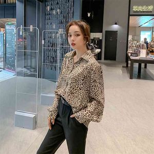 Ankunft Herbst Korea Mode Frauen Langarm Umlegekragen Lose Leopard Shirts All-Matched Casual Bluse Tops S368 210512
