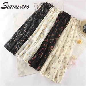 Long Maxi Elegant Skirt Women Spring Summer Korean White Black Floral Print High Waist Sun School Female 210421