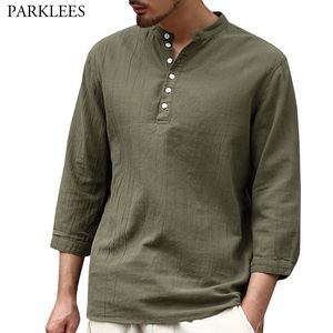 Army Green Cotton Linen Shirt Men Fashion Half Button 3/4 Sleeve Pullover Shirts Mens Lightweight Casual Top Blouse Cheimise 3XL 210522