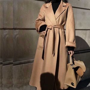Kış Kore High-end Su Oluklu Yün Palto Moda Uzun Bornoz Tarzı 100% Yün Ceket Kaban Kadın 210930