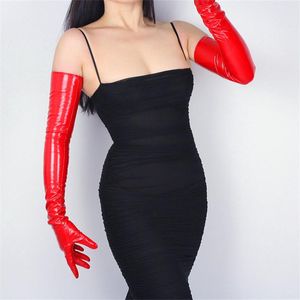 Vijf vingers handschoenen 70 cm extra lange lederen emulatie slanke hand sexy vrouwelijke grote rode octrooi vrouwen PU09-70