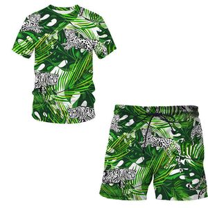 2021 Ny sommar leopard trycktecknad 3D-tryck Män / Kvinnor Shorts + T Shirt Sus Sats Män / Kvinnor Kläder Swim Shorts Male G1202