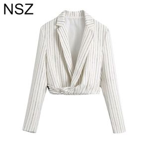 Damskie Garnitury Blazery NSZ Kobiety White Striped Cropped Blazer 2021 Elegancka Chic Krótka Krótka Kurtka Płaszcz Odzszenia