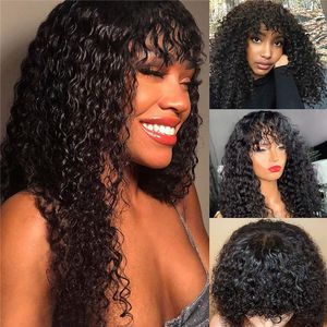 Máquina feita peruca encaracolada com franja 9a cabelos humanos para mulheres negras 150% de densidade de glueless Human Hair Wigs Natural Black