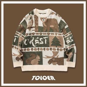 Winter Sweaters Men Casual Round Neck Bear Pattern Retro Mens Pullovers Japanese Style Couple Sweater Cute Women Pullover 211008