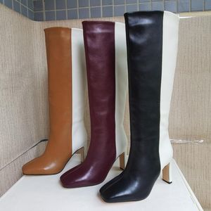 2021 Frauen Damenleder SUPER 8.5cm High Heel Boots Schuhe Pumps Tanzparty Hochzeitskleid Kniescheiben Mischfarbe Slip-on Knie-hohe Mandelförmige Zehen Größe 34-43