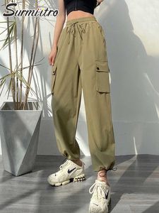 SURMIITRO Korean Style Thin Long Cargo Pants Women Summer Autumn Green Ankle Harem High Waist Pants Female With Belt 210712