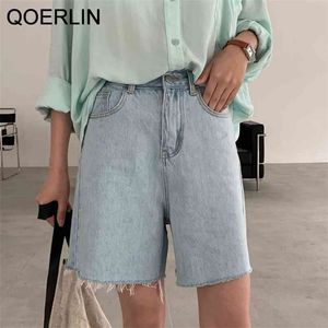 Vintage rippade jeans byxor koreanska lösa höga midja breda ben denim shorts kvinnor byxor plus storlek bermuda 210601