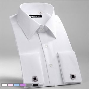 Slim Slim Fit Francês Cufflinks Camisa Não Ferro de Manga Longa Algodão Masculino Tuxedo Formal Mens Dress S com algemas 210721